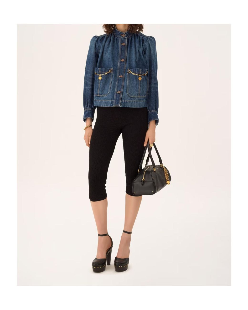 Chloé Blue Chloé High-Neck Gathered Denim Jacket