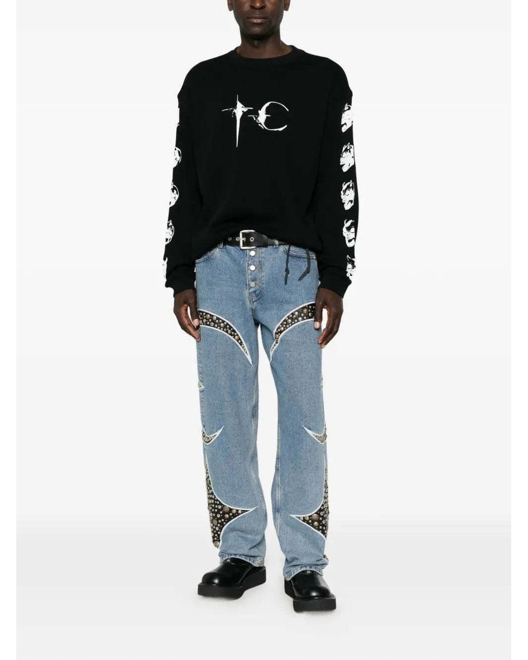 THUG CLUB Blue Studded Straight-Leg Jeans for men