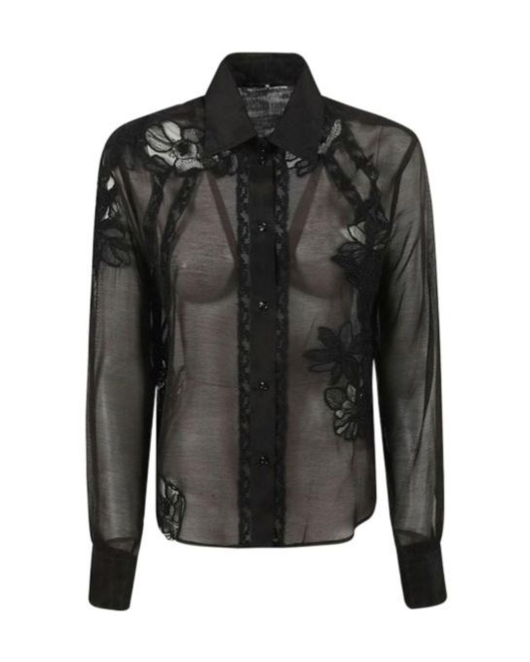 Ermanno Scervino Black Sheer Floral-Embroidered Shirt