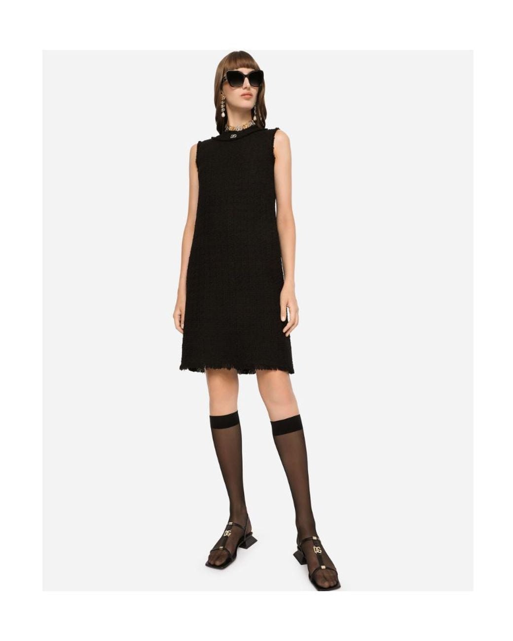 Dolce & Gabbana Black Dg Logo Raschel Tweed Calf-Length Dress