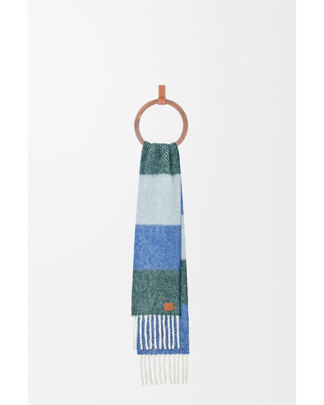 Loewe Blue Logo Patch Striped Fringed Scarf