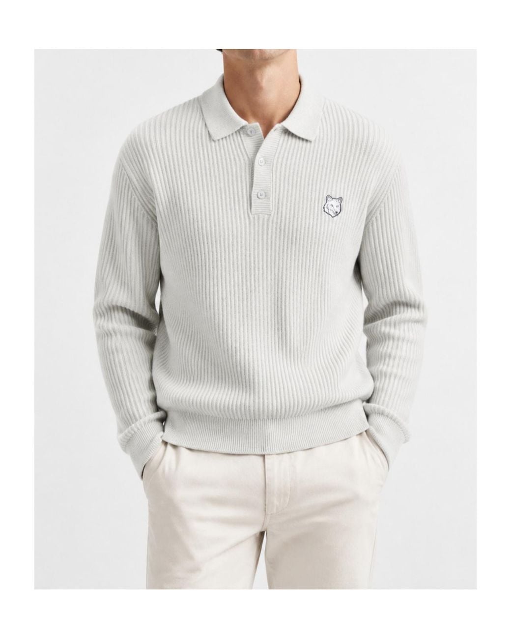 Maison Kitsuné Gray Long-Sleeved Knit Polo Shirt for men