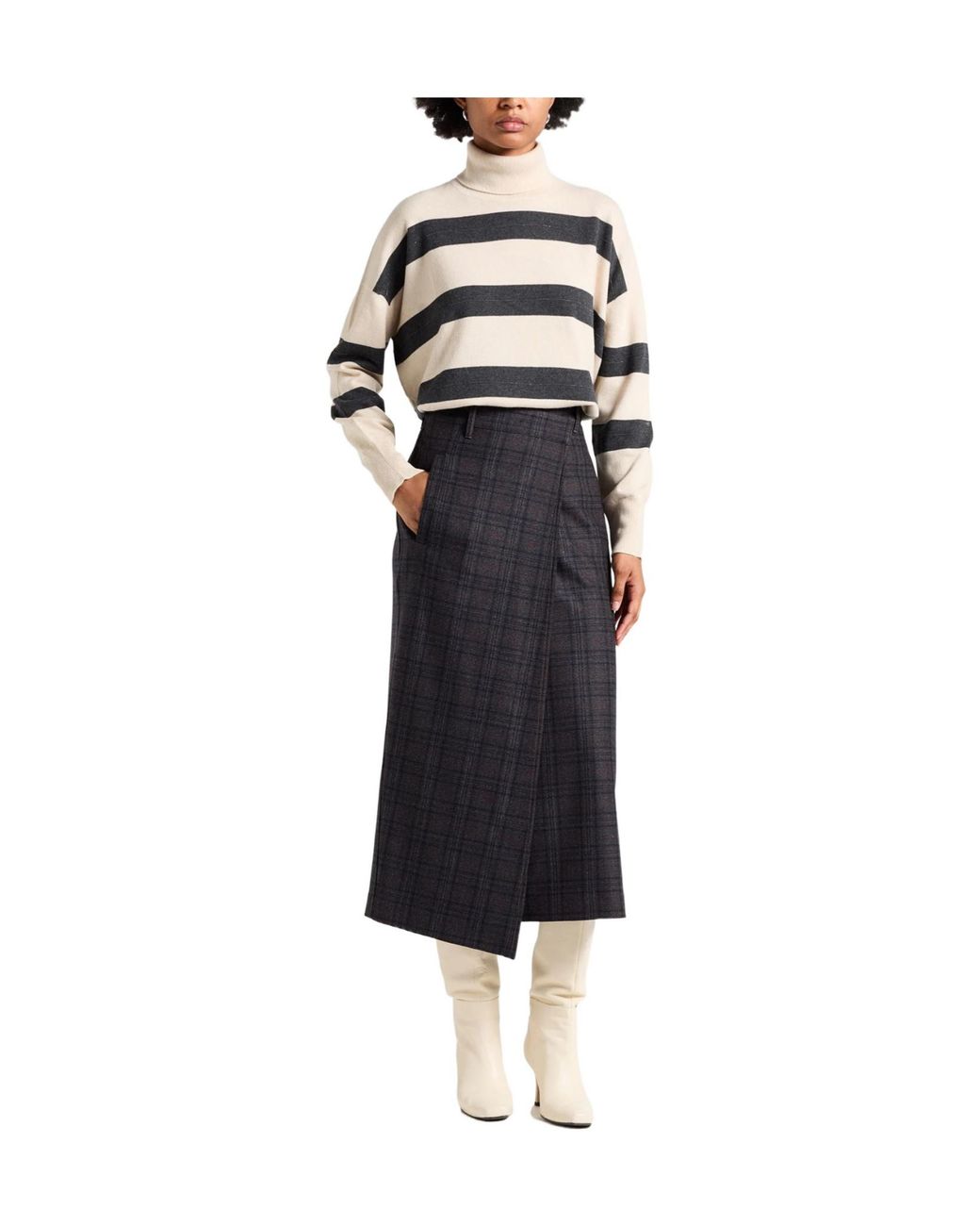 Brunello Cucinelli Black Plaid Wrap Skirt