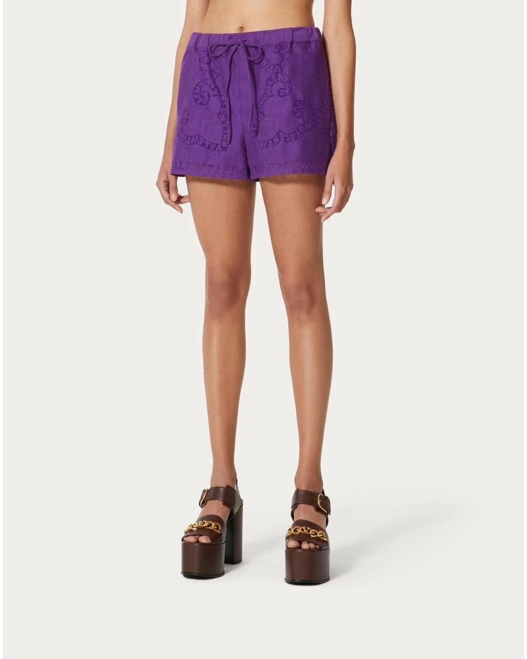 Valentino Purple Cotton Guipure Lace Shorts