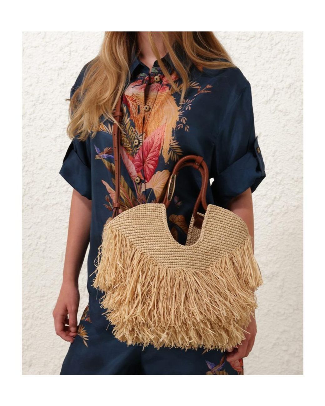 Zimmermann Natural Interwovened Fringed Top Handle Bag