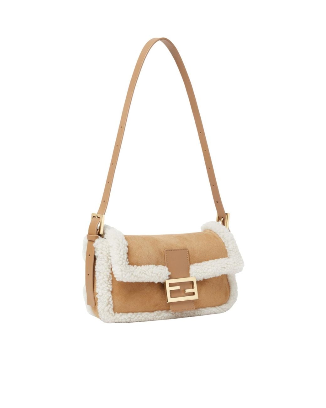 Fendi White Baguette 26424 Camel-Colored Shearling Bag