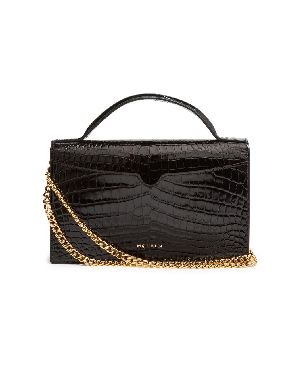 McQueen Black Crocembossed Shoulder Bag