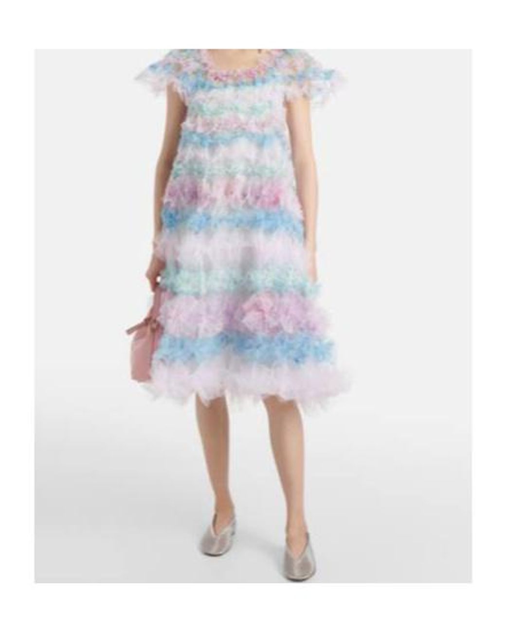 SUSAN FANG Blue Air-Flower Floral Tulle Midi Dress