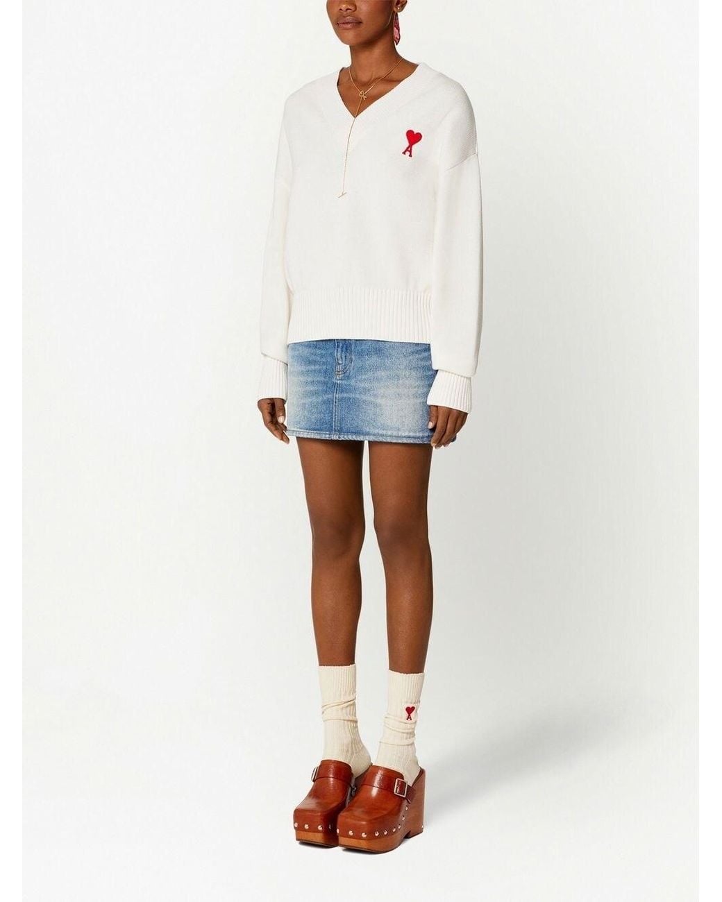 AMI White Ami De Coeur V-Neck Jumper for men