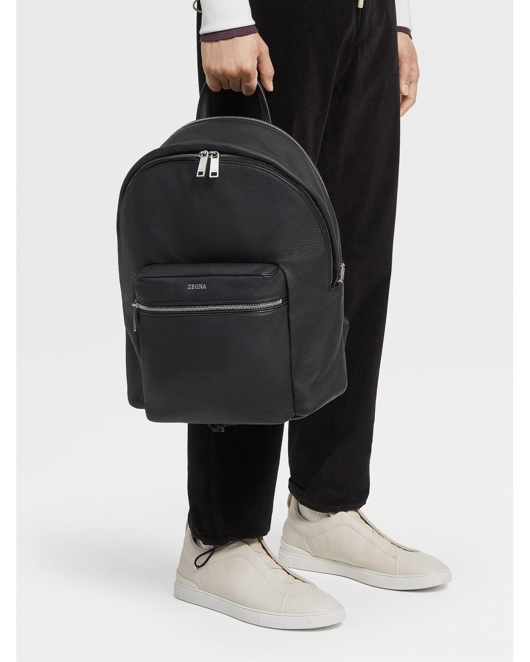 Zegna Black Logo-Plaque Leather Backpack for men