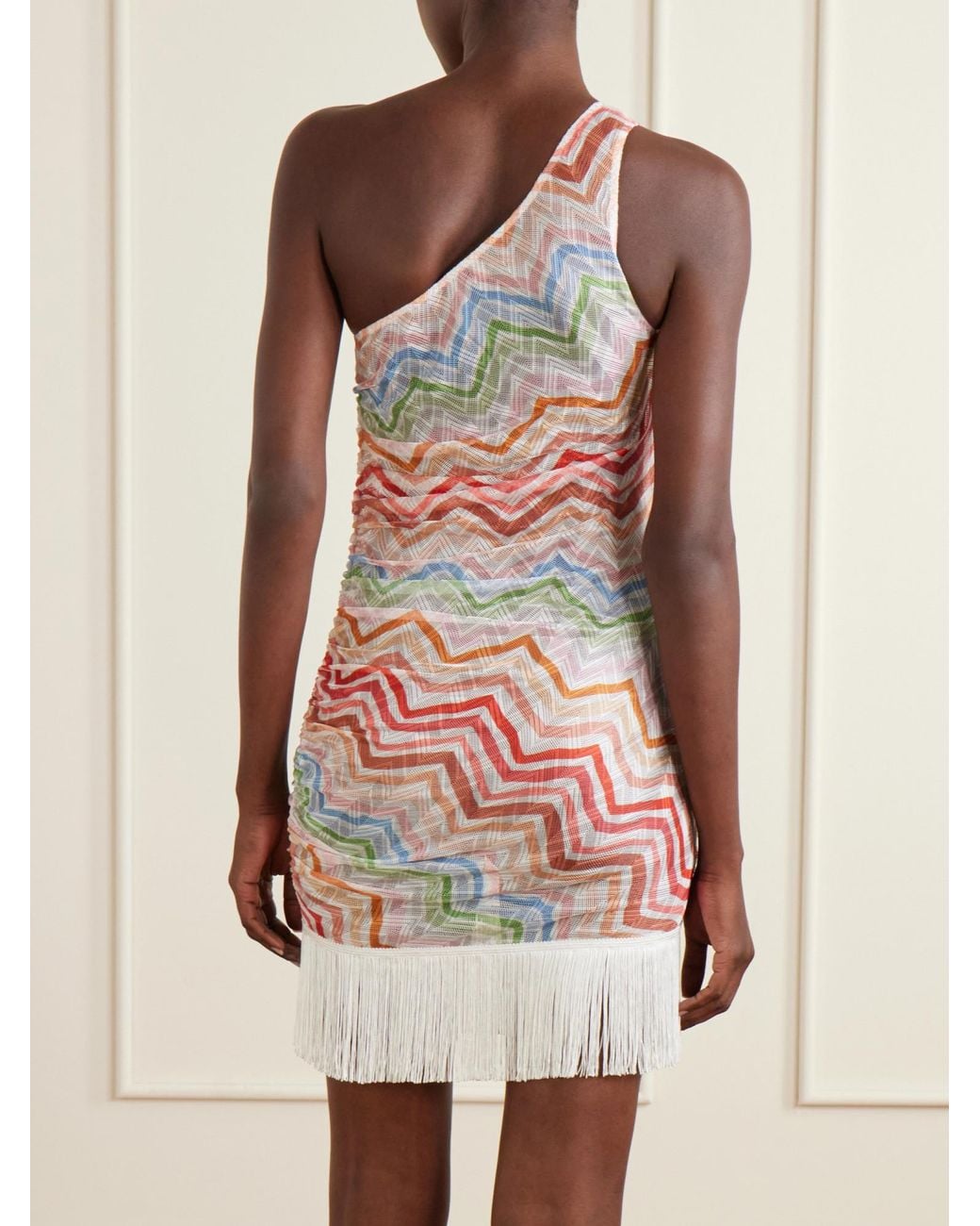 Missoni White One-Shoulder Fringed Striped Crochet-Knit Mini Dress