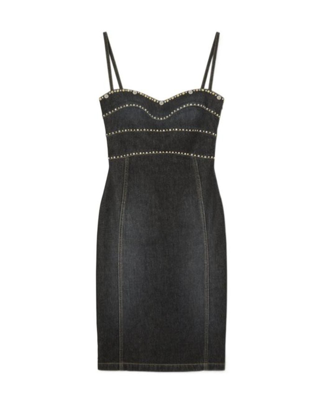 Versace Black Embellished Denim Fitted Midi Dress