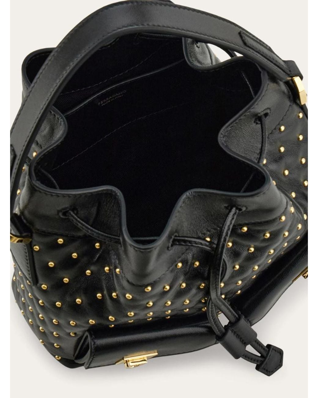 Ferragamo Black Ferragamo Studded Drawstring Bucket Bag