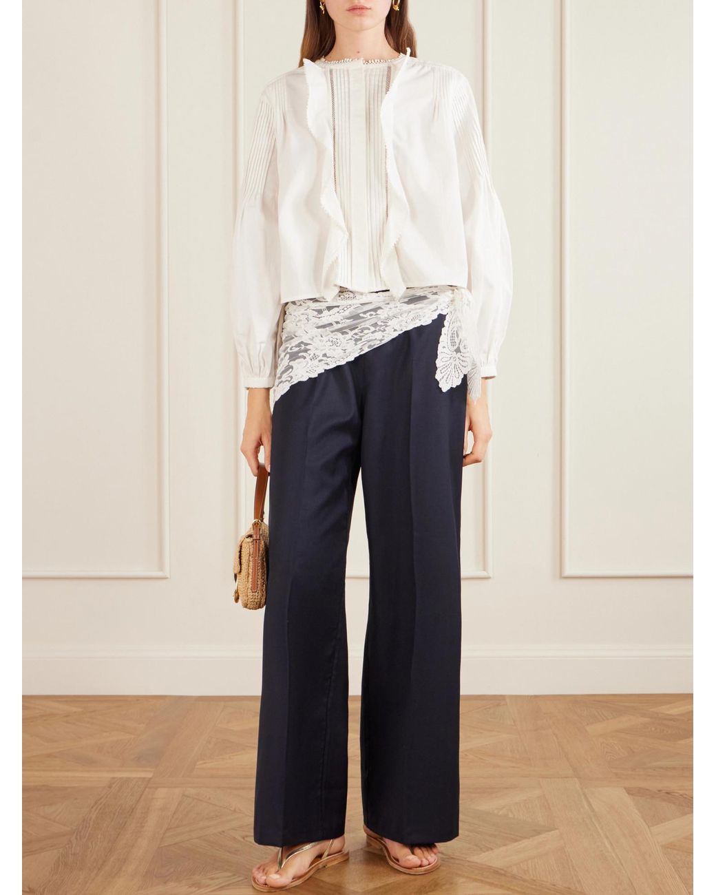 Sea Blue Lace-Trim Pleated Trousers