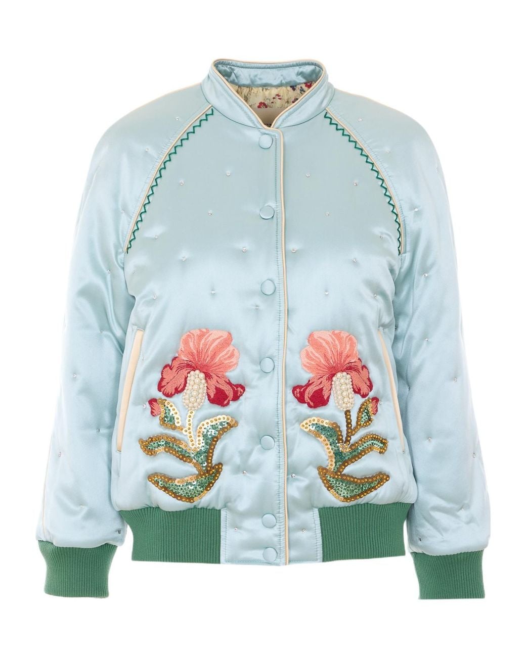 Valentino Blue Floral Embellished Button-Up Quilted Jacket