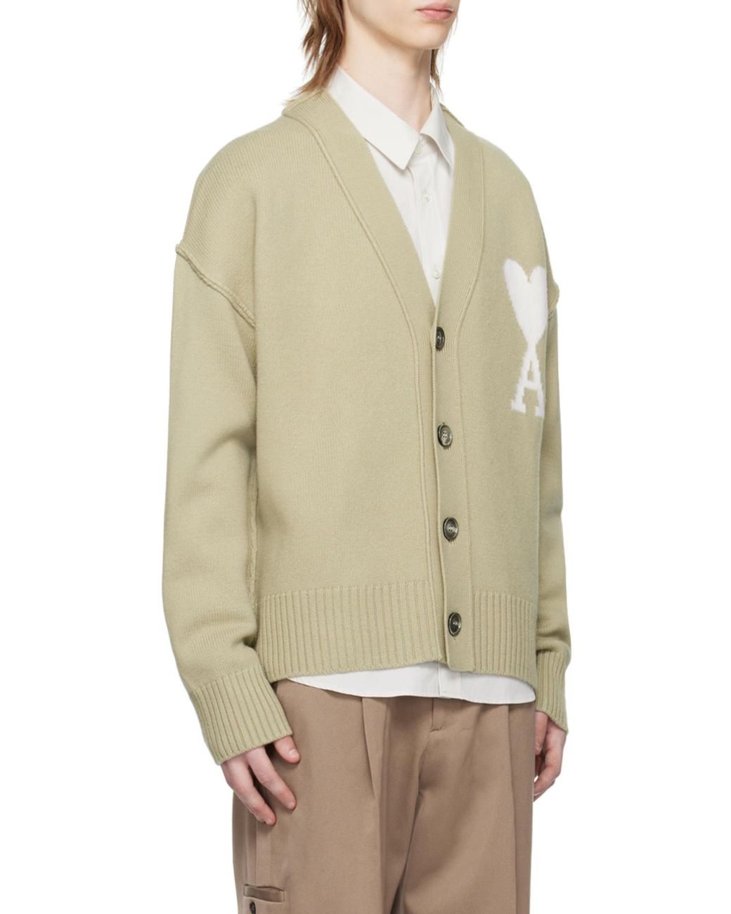 AMI Green Ami De Coeur Logo Intarsia Knitted Cardigan for men
