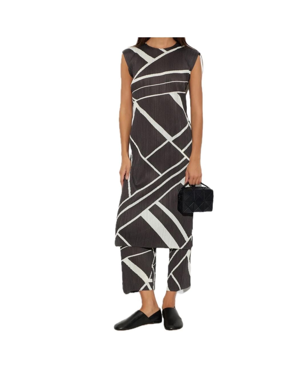 Pleats Please Issey Miyake Black Fold Line Pleated Midi Dress