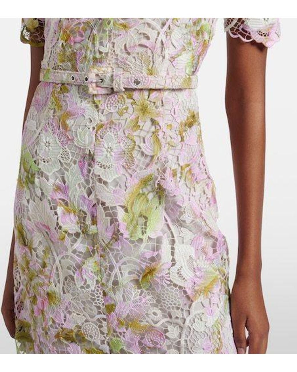 Monique Lhuillier White Belted Lace Midi Dress