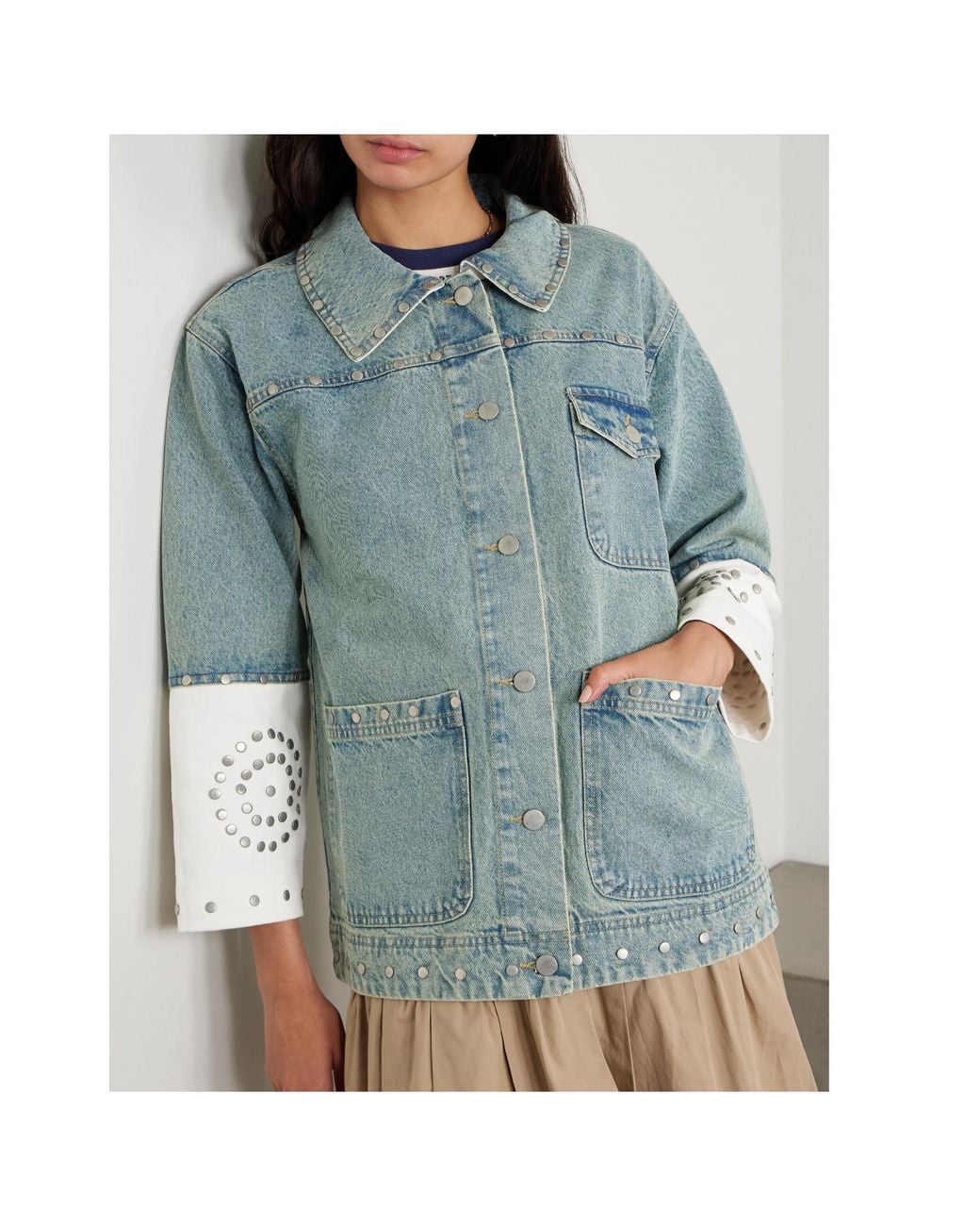Sea Blue Studded Two-Tone Denim Jacket