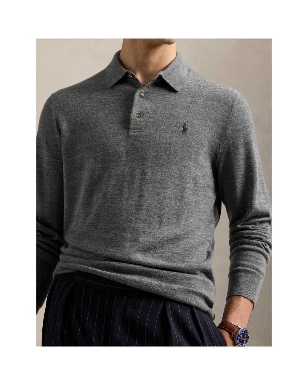 Polo Ralph Lauren Gray Notched Collar Knitted Long-Sleeve Polo Shirt for men
