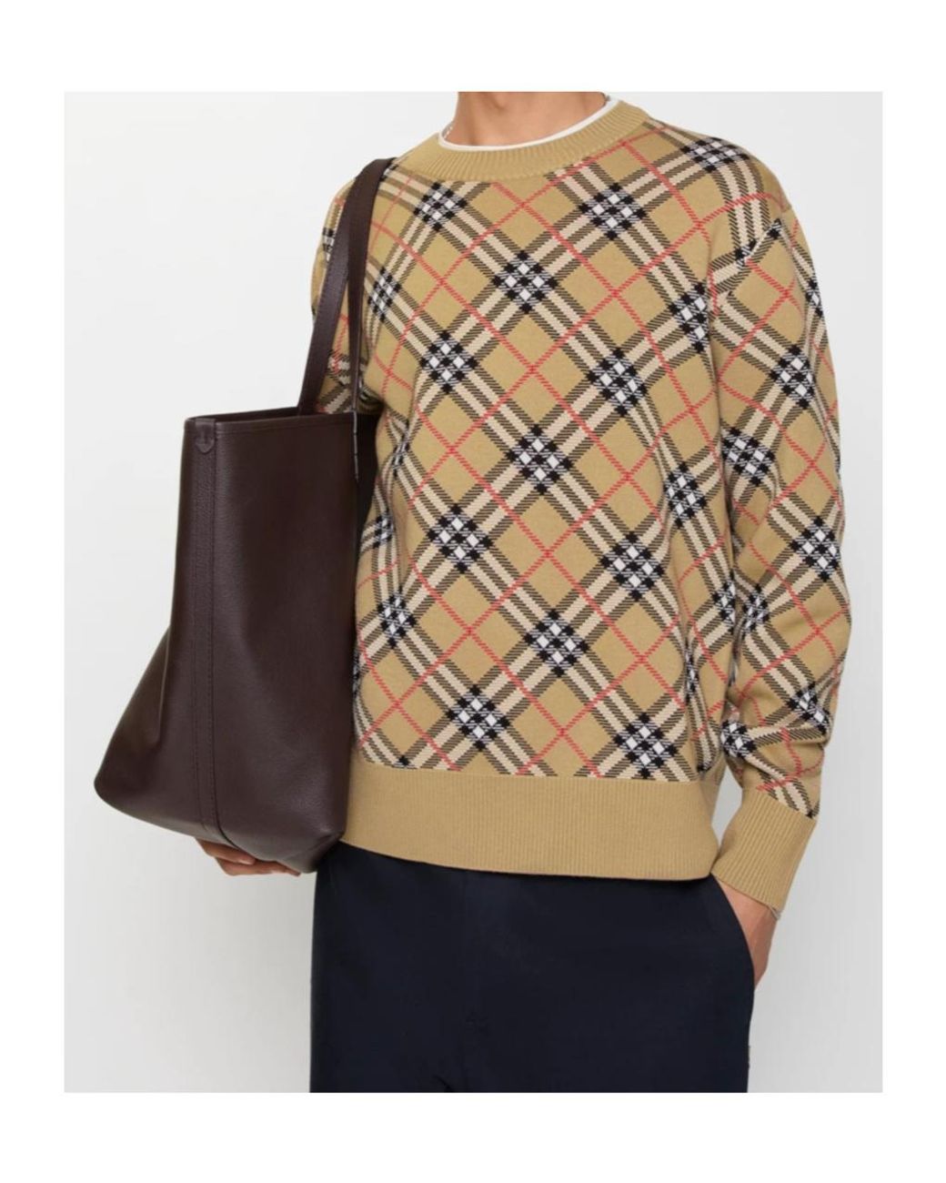 Burberry Brown Checked Crewneck Knitted Jumper for men