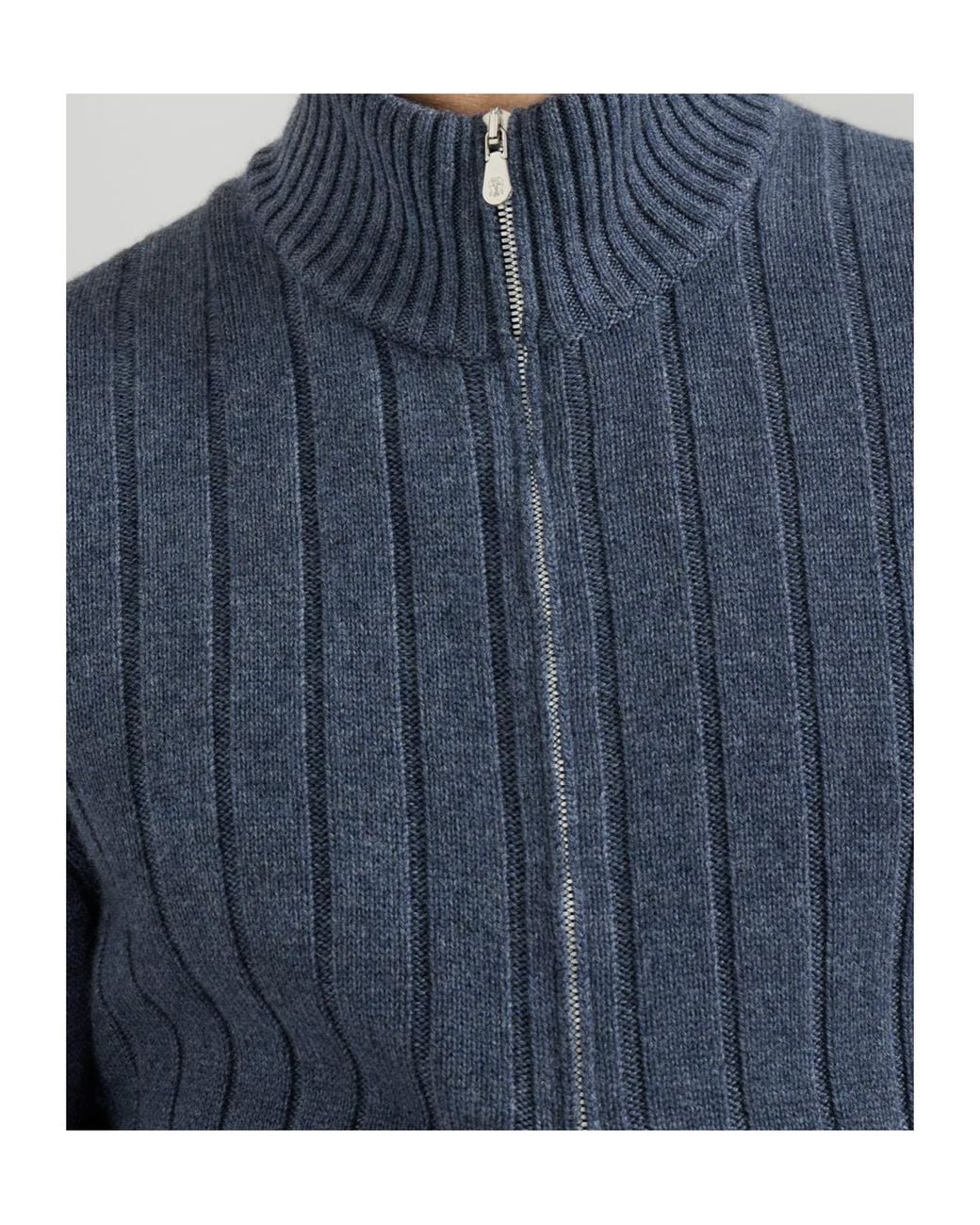 Brunello Cucinelli Blue Cashmere Ribbed Cardigan With Zip for men