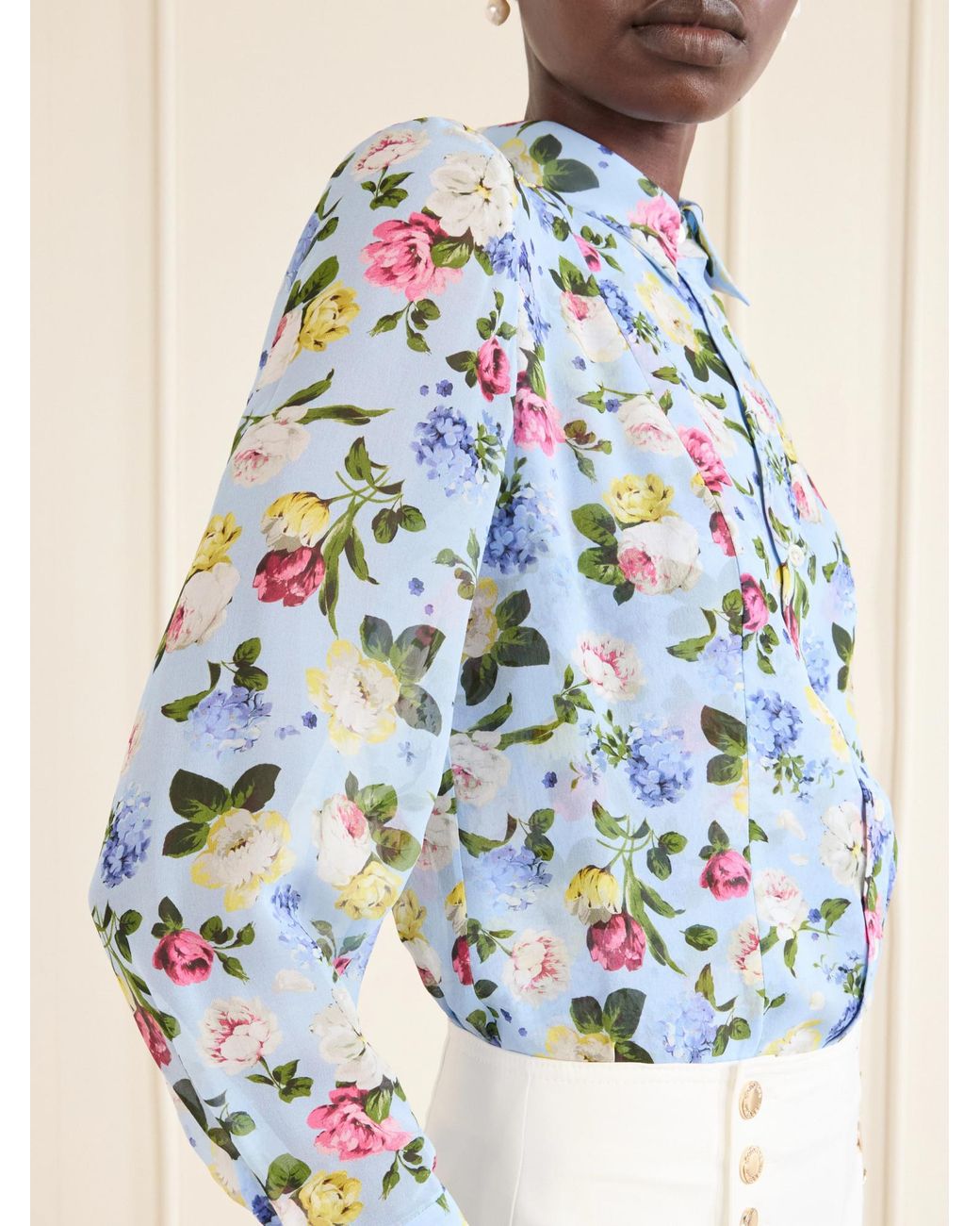 Carolina Herrera Blue Floral-Print Silk-Chiiffon Blouse