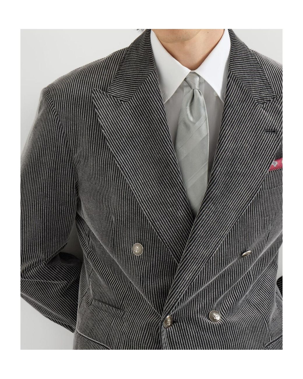 Brunello Cucinelli Gray Frosted Cotton Corduroy One-And-A-Half Breasted Tailor Blazer With Metal Buttons for men