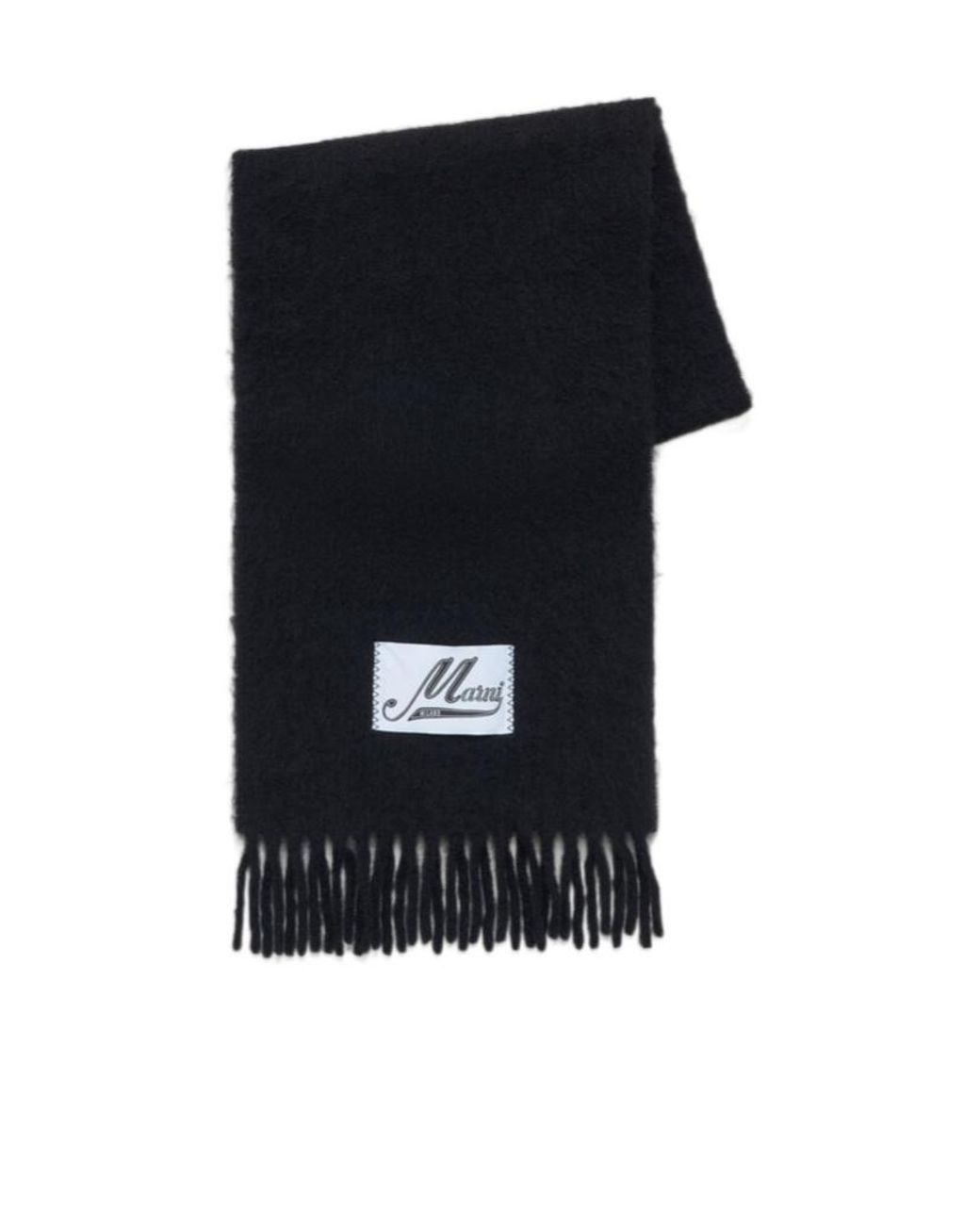 Marni Black Logo Patch Fringed-Edge Scarf