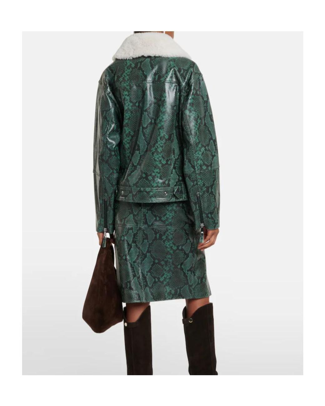 Dorothee Schumacher Green Lapel Long-Sleeved Leather Jacket