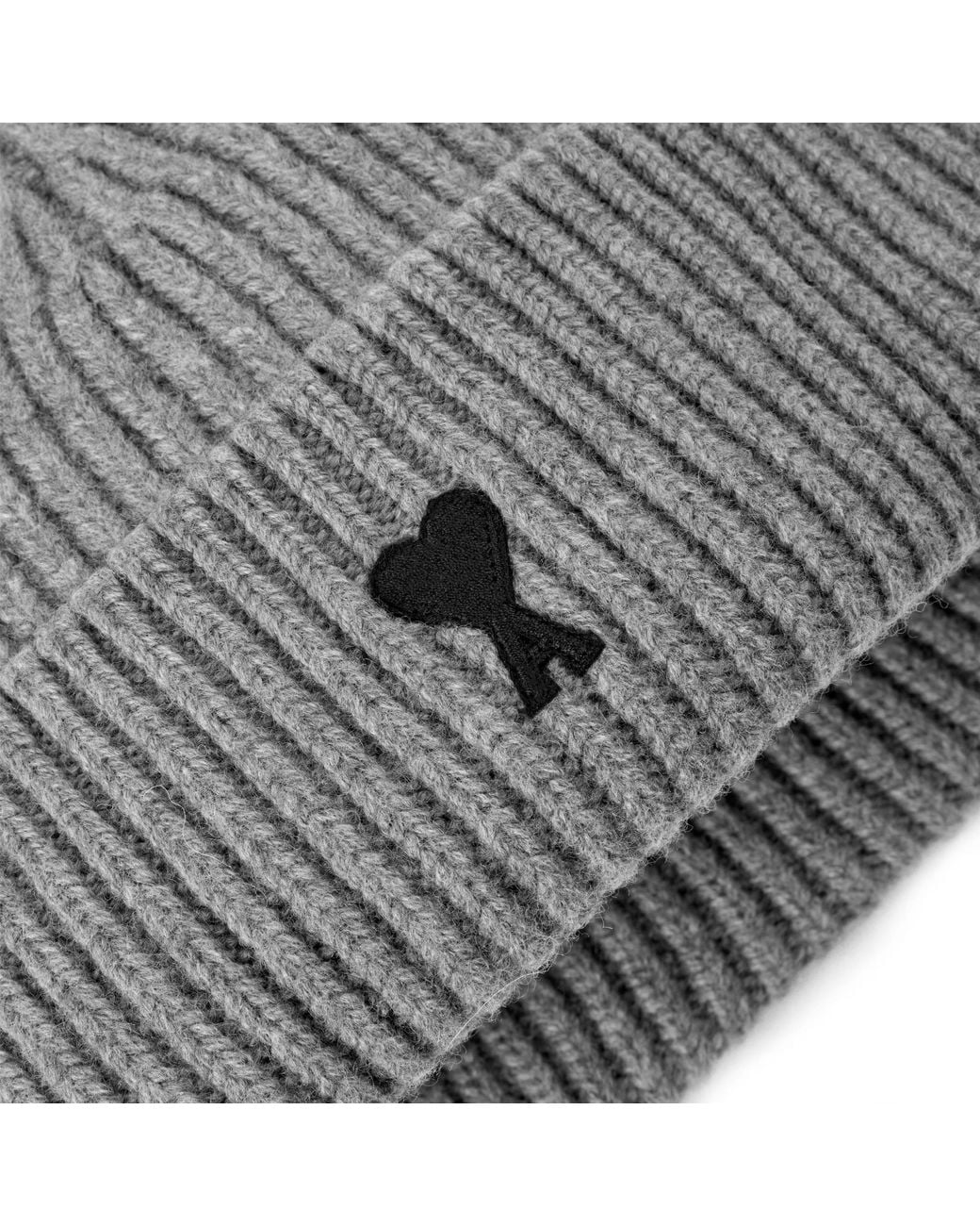 AMI Gray Ribbed Knit Beanie for men