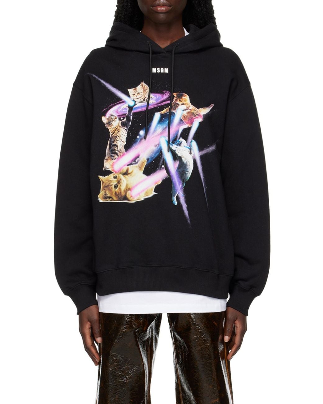 MSGM Black Graphic-Print Drawstring Hoodie