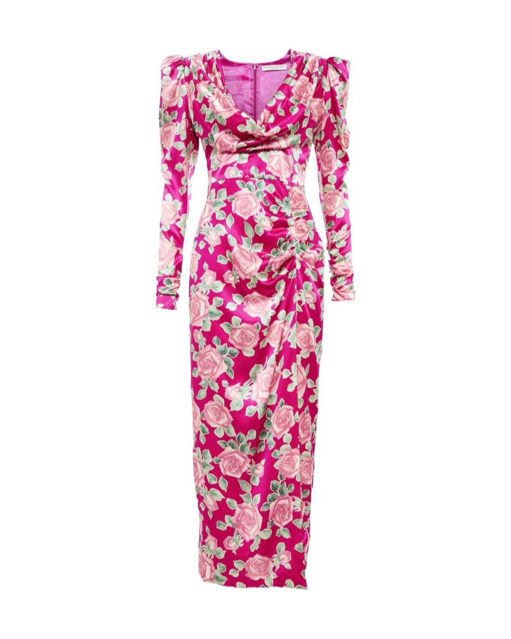 Alessandra Rich Pink Floral Draped Silk Satin Maxi Dress
