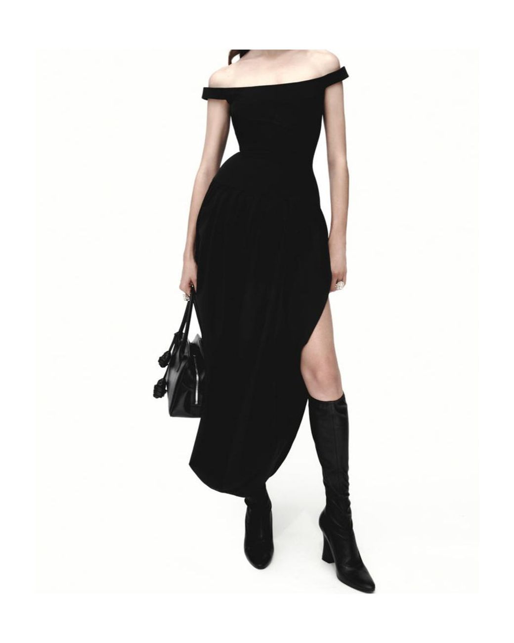 Magda Butrym Black Long Off-Shoulder Draped Dress