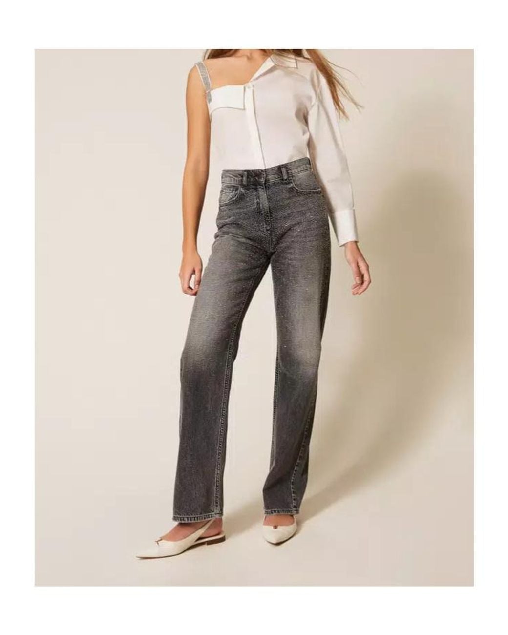 Twinset White One-Shoulder Embellished Shirt
