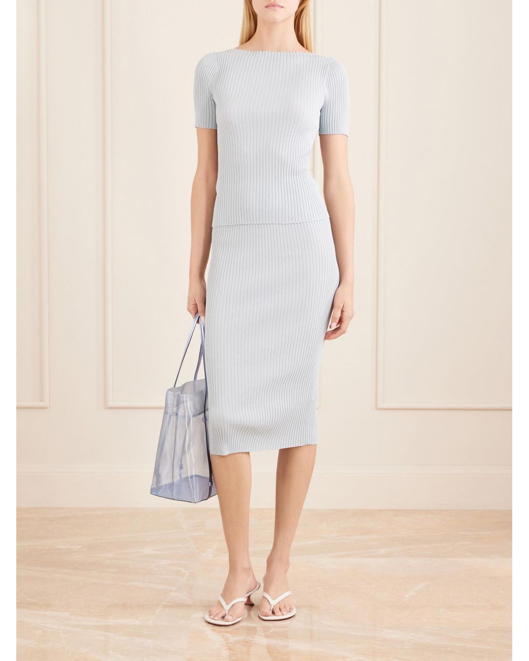 Leset White Ribbed-Knit Midi Skirt