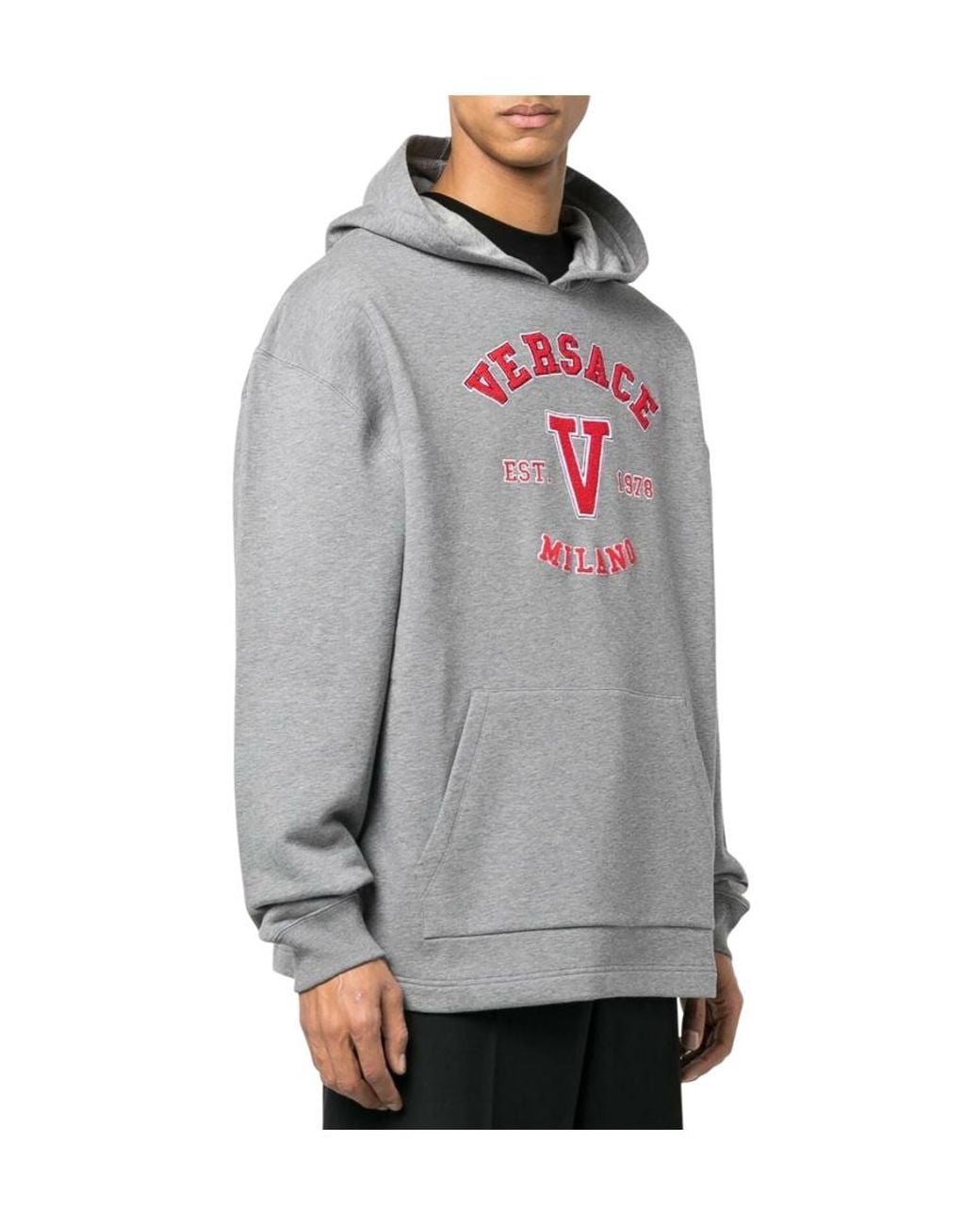 Versace Gray Logo Detailed Long Sleeved Hoodie for men