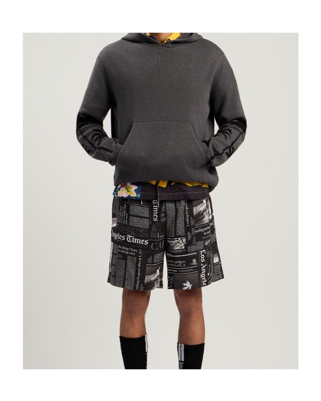 Palm Angels Gray Palm-Print Hooded Jumper for men