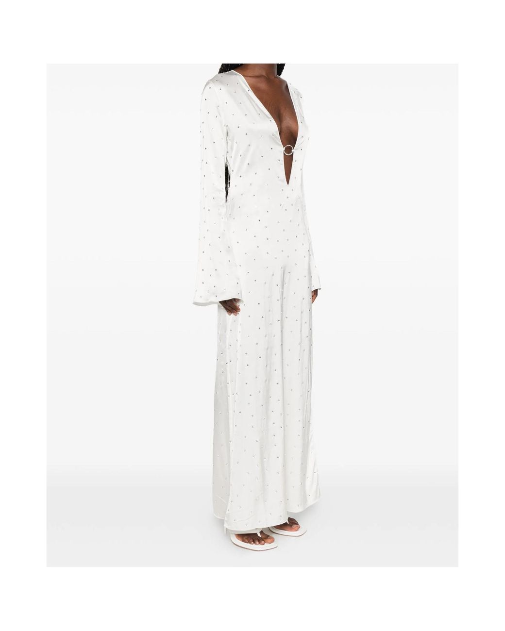 Oseree White Crystal-Embellished Ring-Detail Maxi Dress