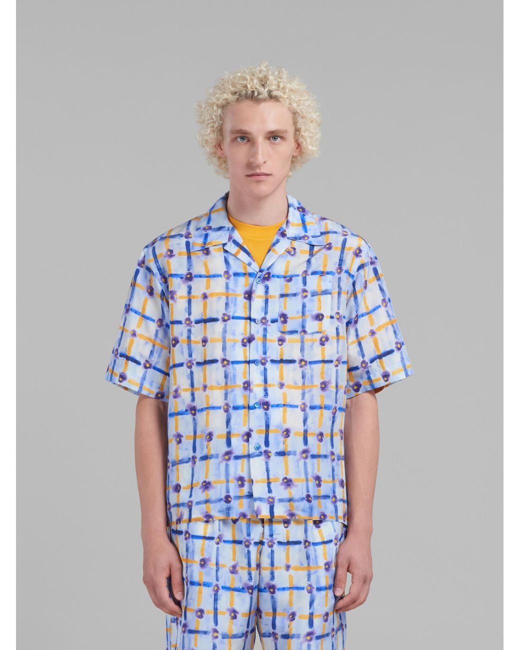 Marni Blue Light Habotai Silk Bowling Shirt With Saraband Print for men