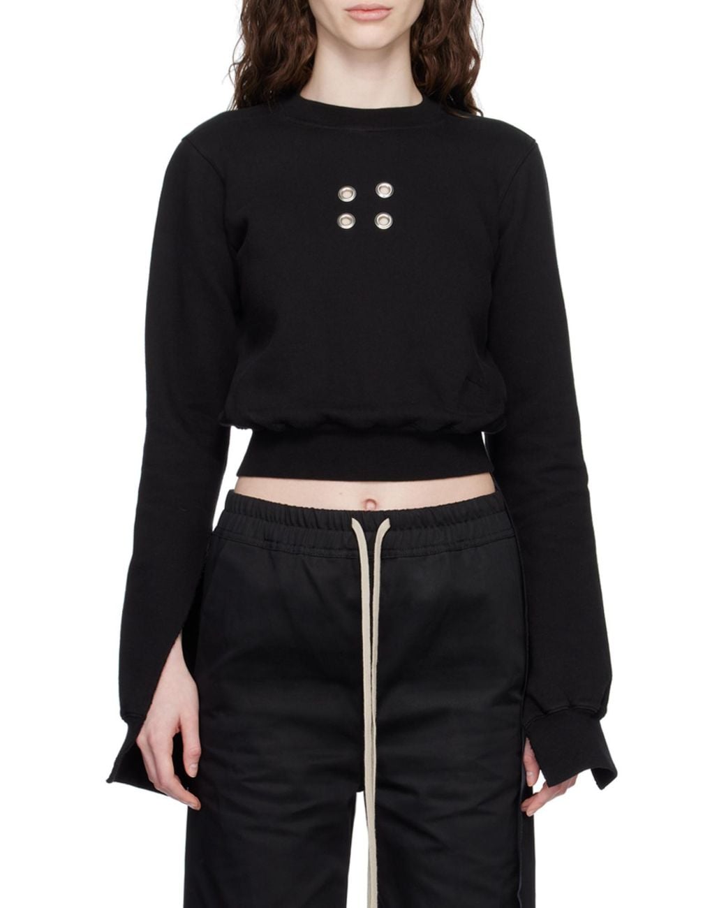 Rick Owens Black Eyelet-Embellished Cropped Crewneck Sweatshirt