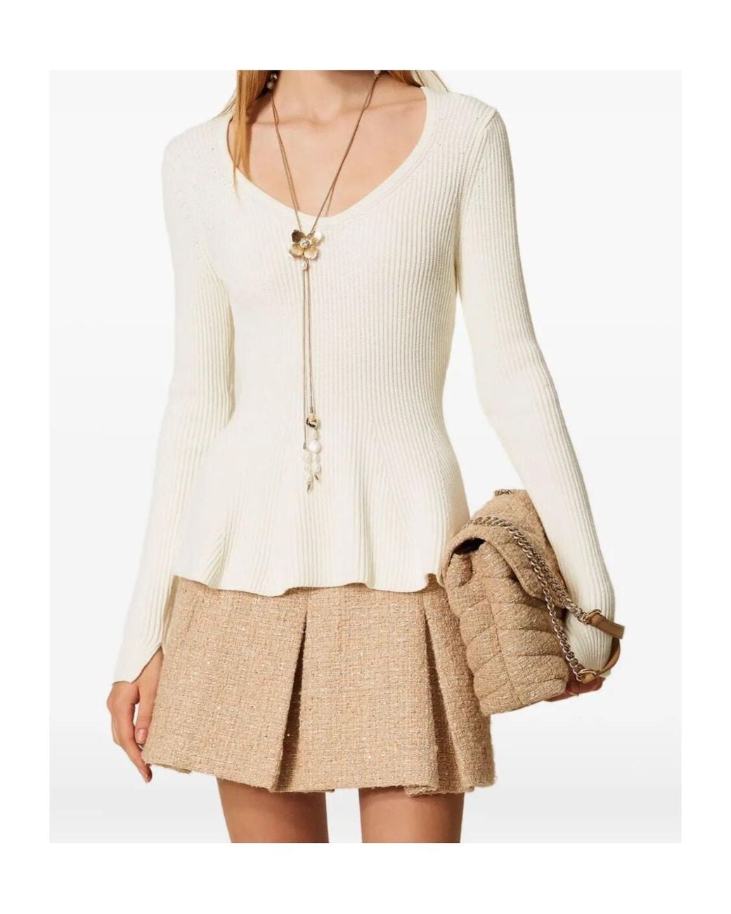 Twinset White V-Neck Ribbed Jumper