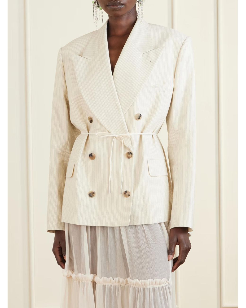Dries Van Noten Natural Bosea Double-Breasted Striped Suit Jacket
