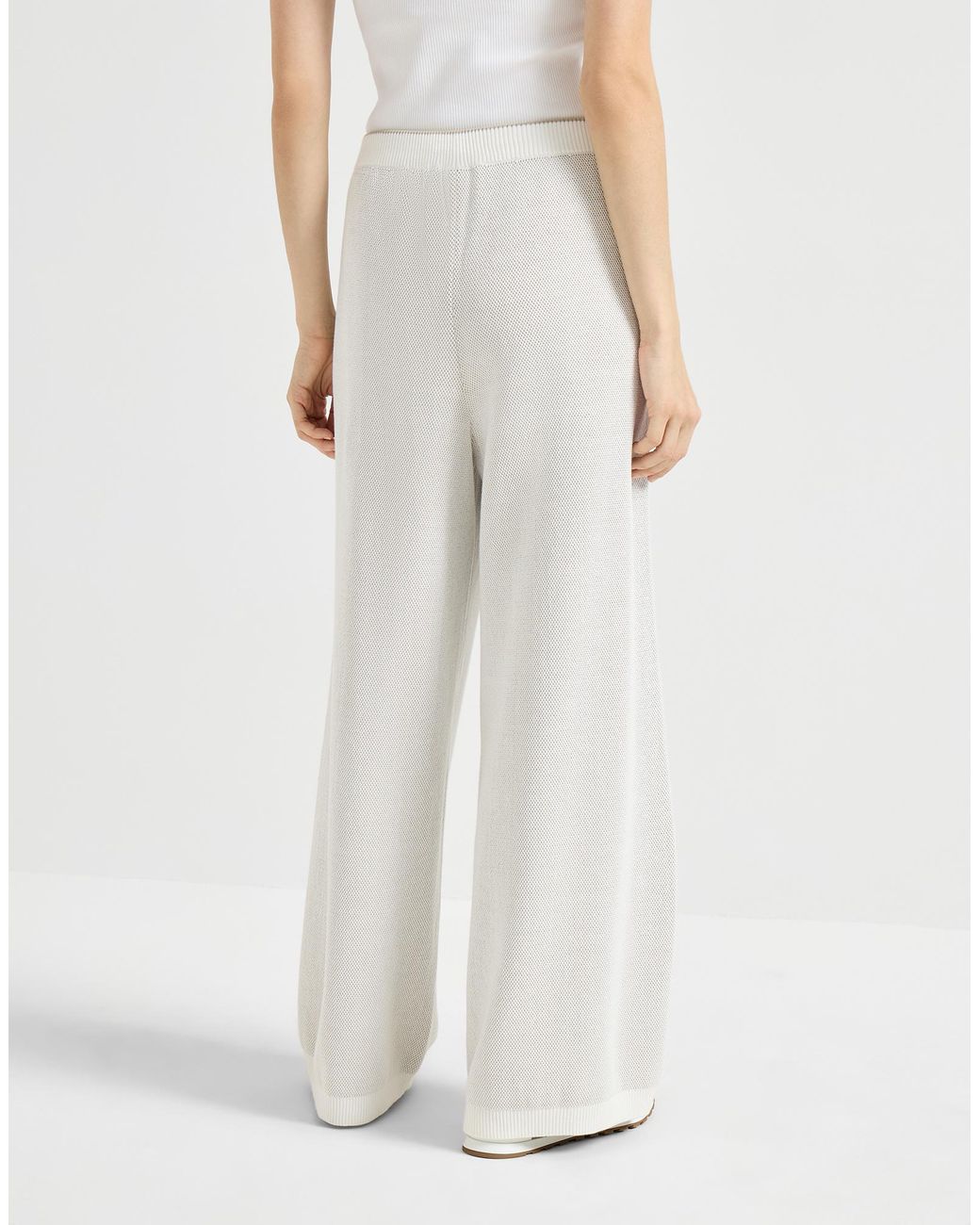 Brunello Cucinelli White Cotton Honeycomb Stitch Jacquard Knit Trousers