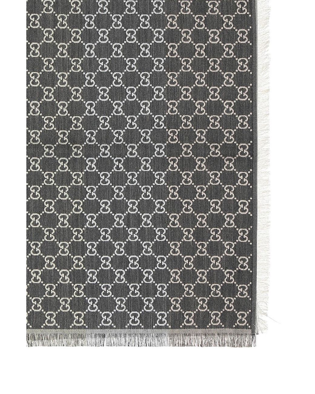 Gucci Gray Logo Jacquard Fringed Hem Scarf