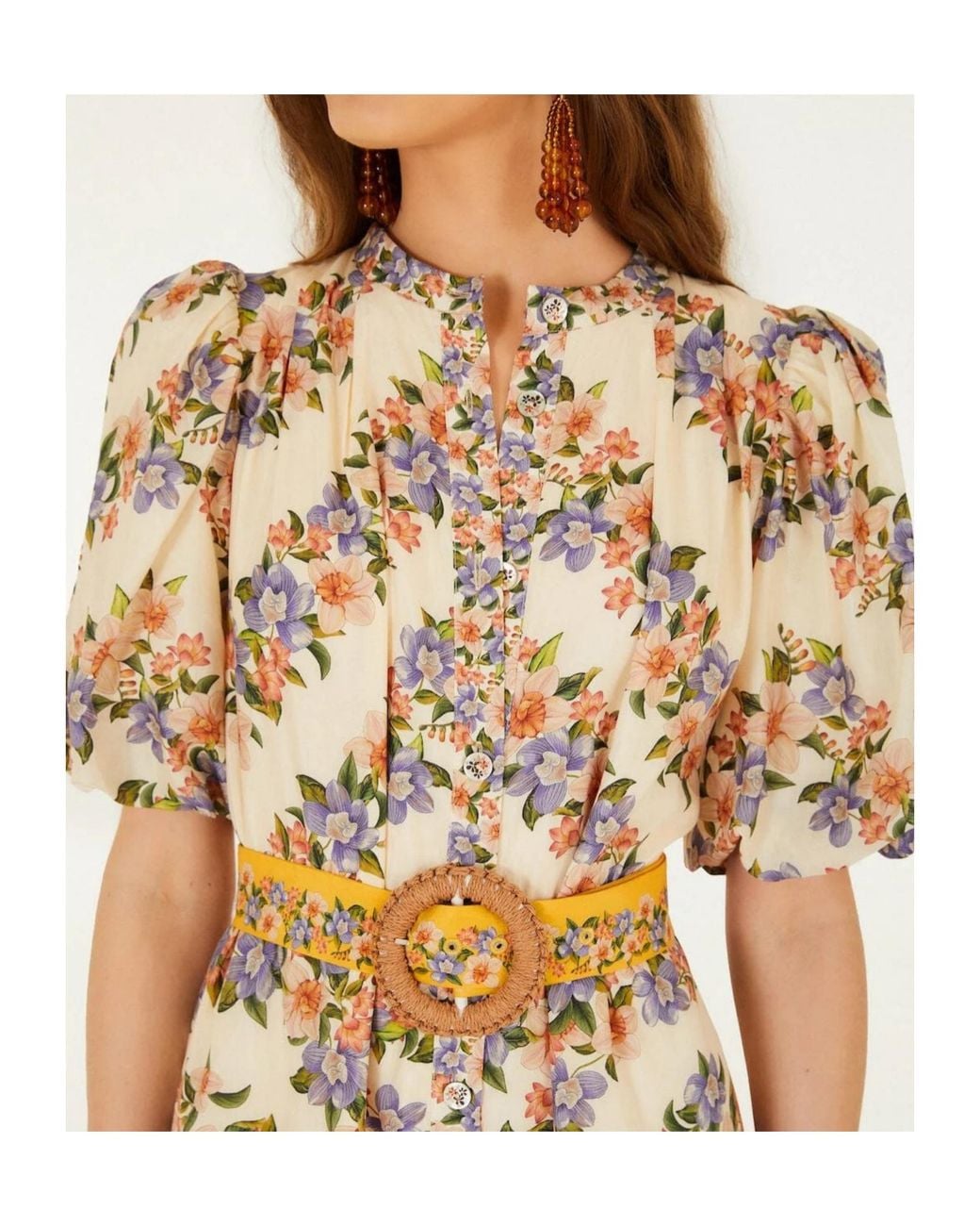 Farm Rio White Hilo Stripes Sand Floral Mini Dress