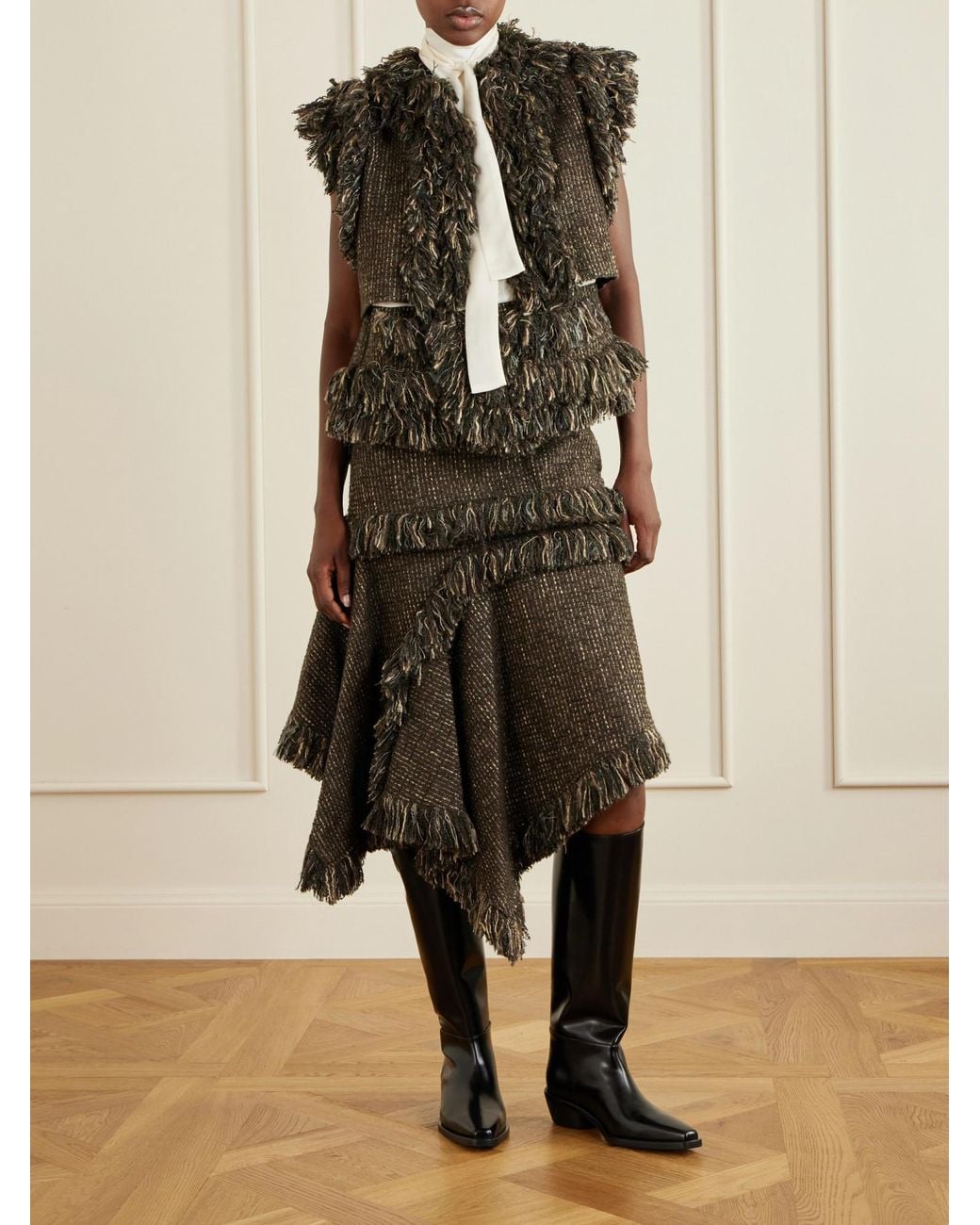 Sacai Brown Fringed Wool-Blend Tweed Midi Skirt