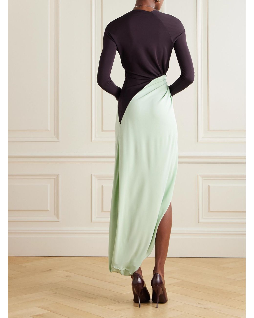 Victoria Beckham Green Long Sleeve Knot Detail Jersey Gown