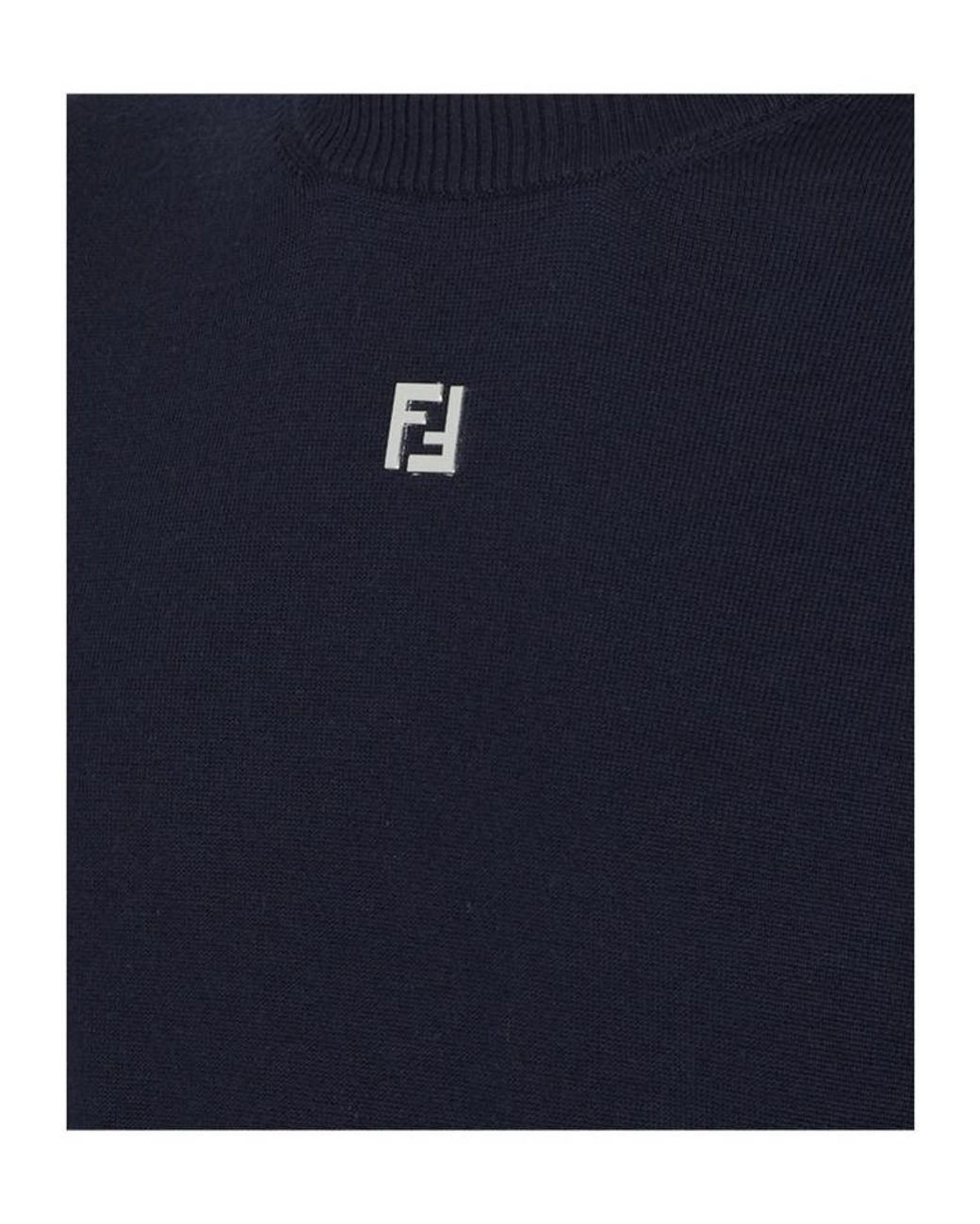 Fendi Blue Logo Plaque Crewneck Knitted Jumper for men