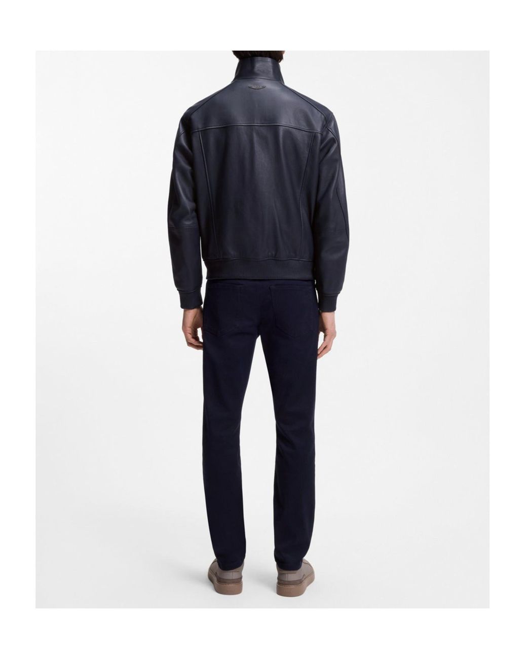 Boss Blue Zip-Up Leather Bomber Jacket for men